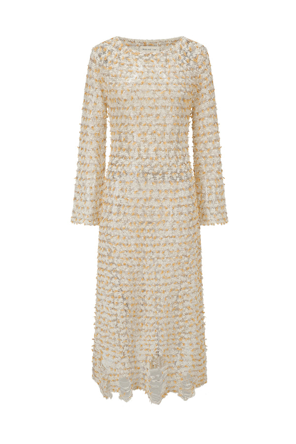 SWAYING 25 Fall/Winter Collection: Silk-Wool Mesh Long-Sleeve Dress with Cutout Detail (SW-SW25AW2L06C2S2-TUO, Camel)